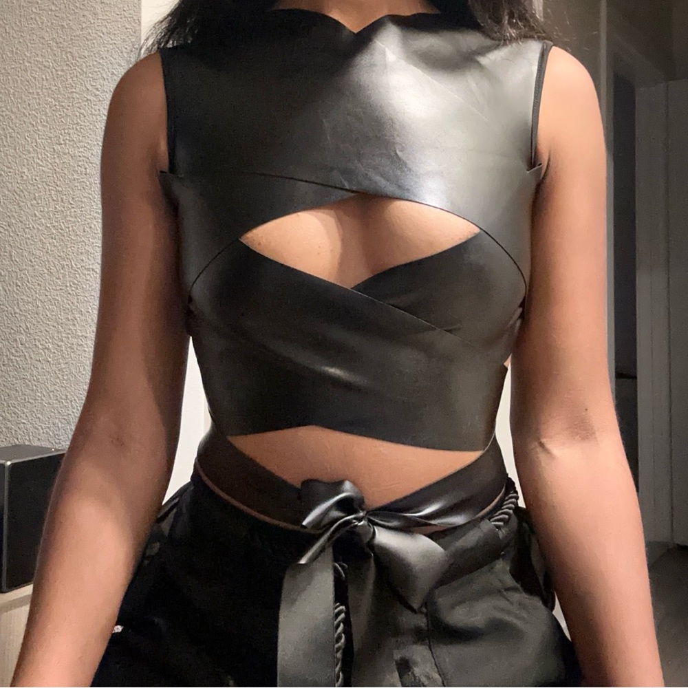 (CLEARANCE) Black Faux Leather Cut Out Strap Detail Top